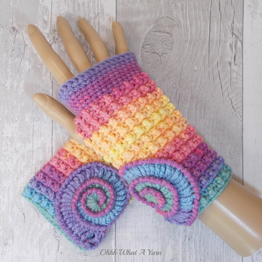 Rainbow pastel ammonite ladies crochet gloves, finger less gloves.  