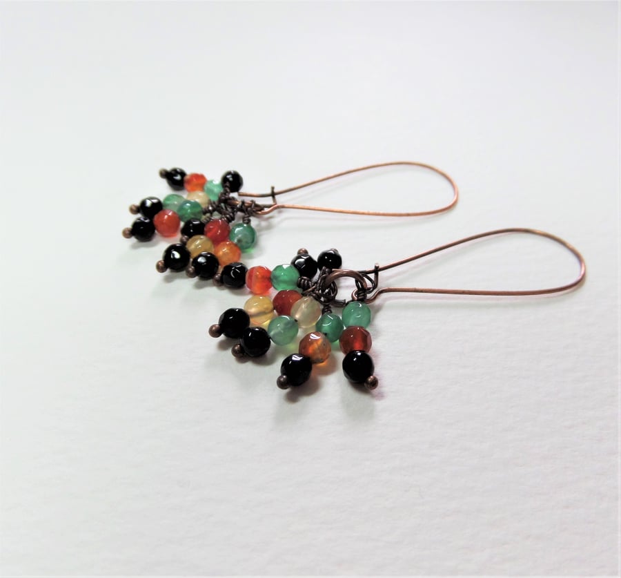 Gemstone beaded, Copper Large Kidney Wire Cluster earrings, Semi Precious.