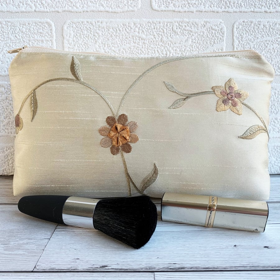 Floral Make up Bag in Embroidered Gold Fabric