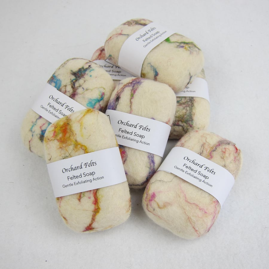 Felted soap, white merino wool with coloured silk strands