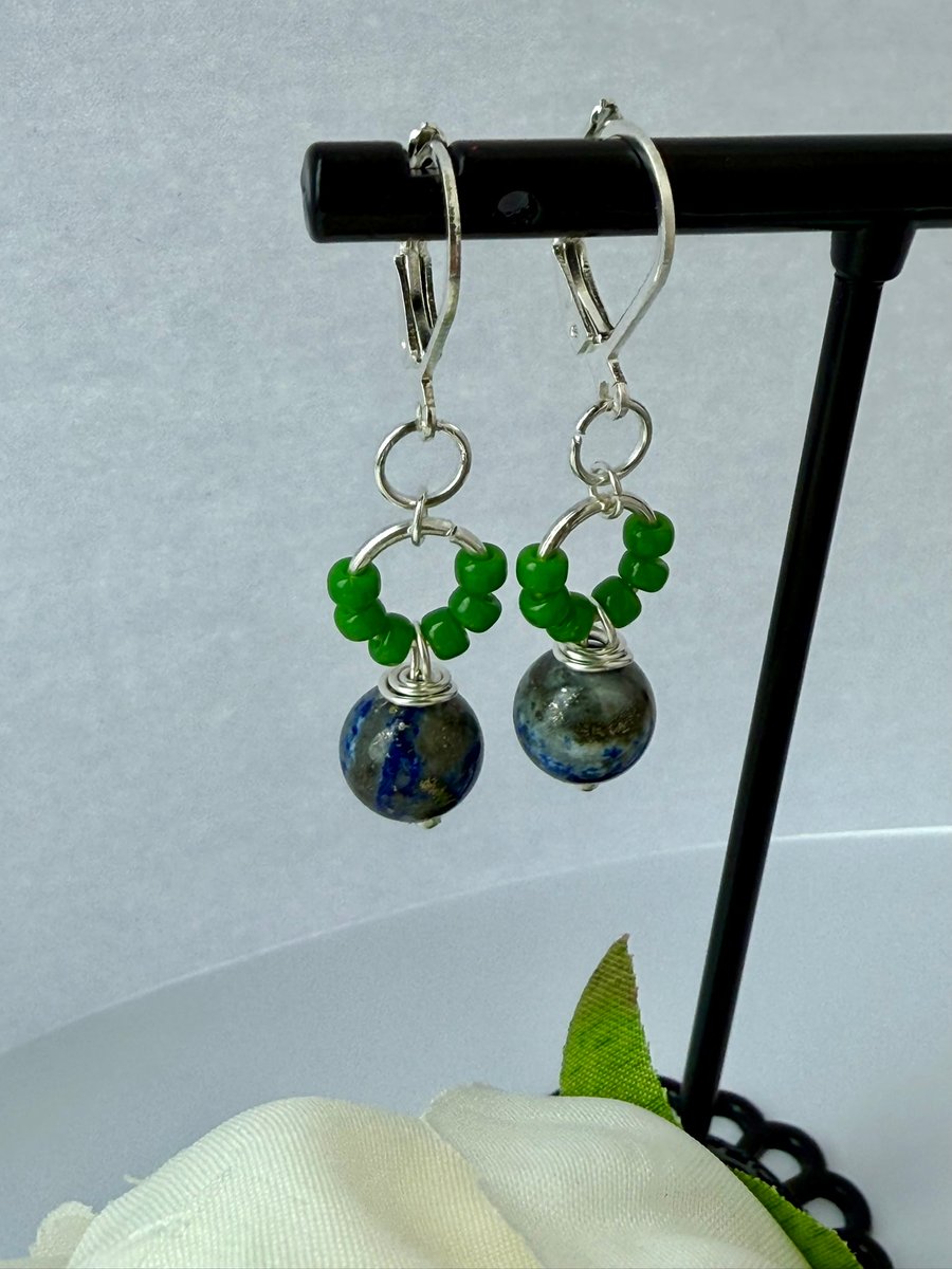Lapis Lazuli Gemstone and Myiuki Glass Seed Bead Earrings Dangle Earrings