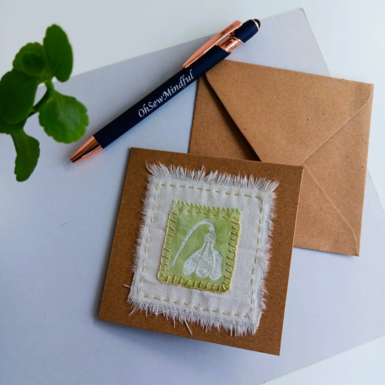Textile Card with Hand Printed Snowdrop