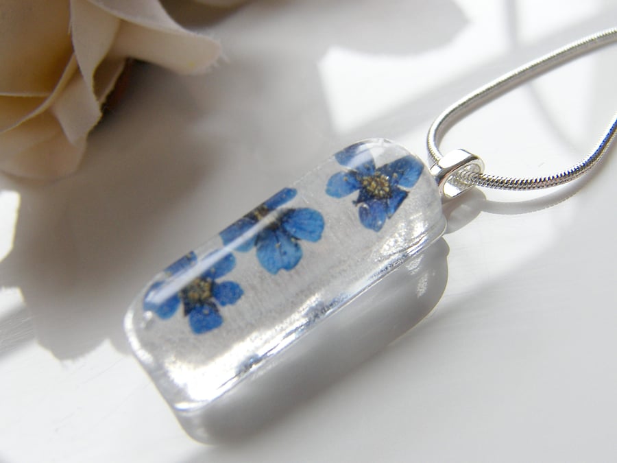 Dainty Blue Pressed Flower Necklace - Wearable Art - FLOWER
