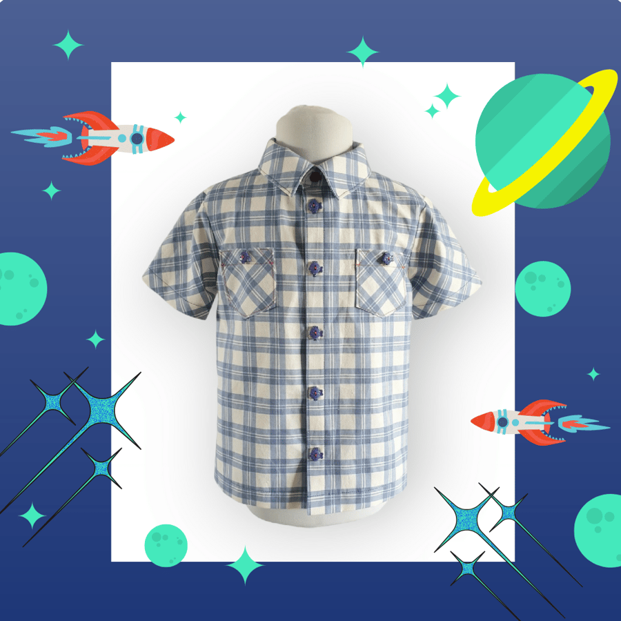 Blue-Ivory Check Shirt With Red Stitching and Blue Fish Buttons. Age 4-5yrs