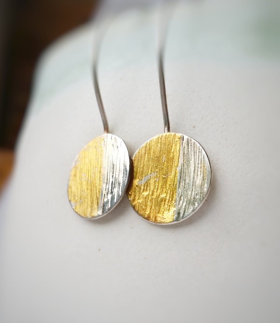 SALE Silver and 24ct Gold round Drop Earrings with nature inspired texture 