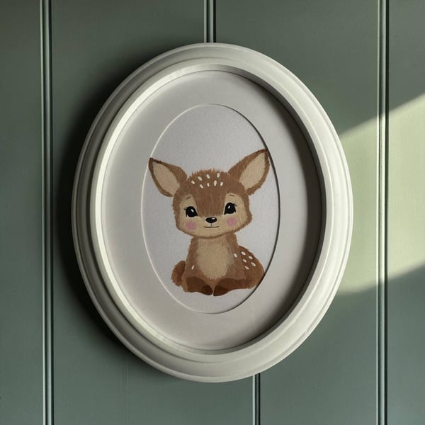 Hand-Painted Fawn Wall Art, Framed Deer Acrylic Painting for woodland Nursery 
