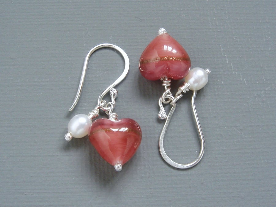 Rose Pink Murano Heart & Pearl Sterling Silver Drop Earrings Bridesmaids Gift
