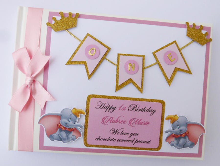 Personalised Dumbo pink and gold glitter crowns themed girls birthday guest book