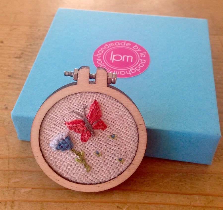 Hand Embroidered Butterfly Mini Hoop Brooch
