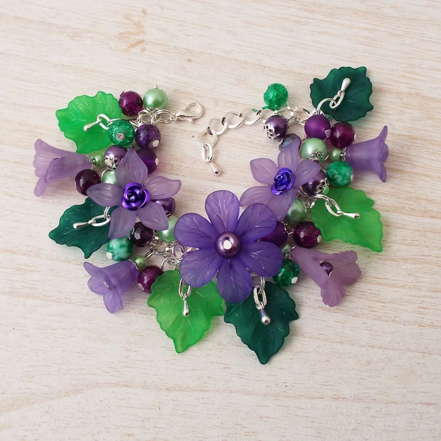 Purple Violets Lucite Flower & Glass Bead Charm Bracelet, Various Sizes