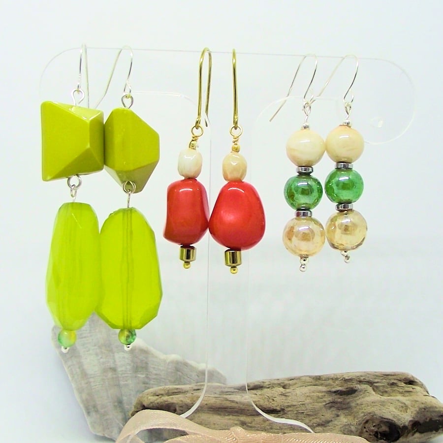 Retro bright earrings vintage beads dangle recycled yellow orange green 3 pairs