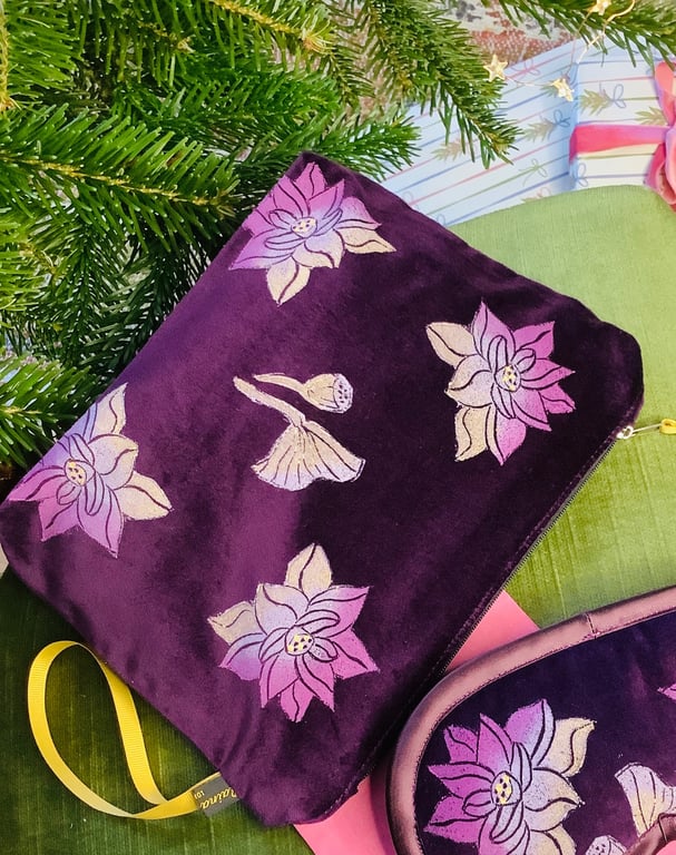 Lotus Flower Makeup Bag in Plum Velvet