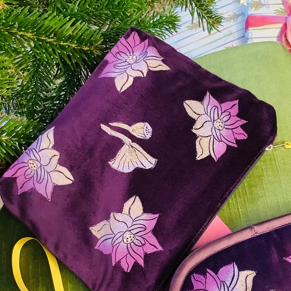 Lotus Flower Makeup Bag, Hand Printed Purple Cosmetic Pouch, Luxury Wash Bag