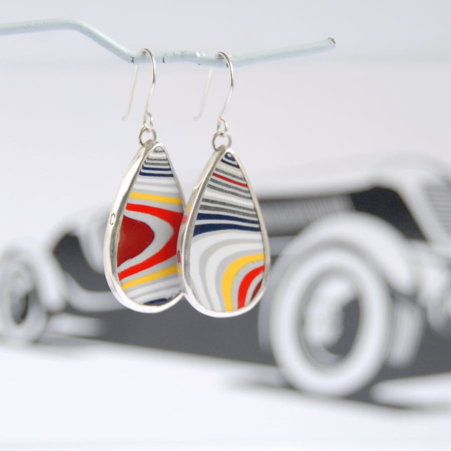Fordite and silver drop earrings - red and yellow
