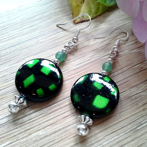 Green Aventurine & Mother of Pearl Silver Plate Earrings