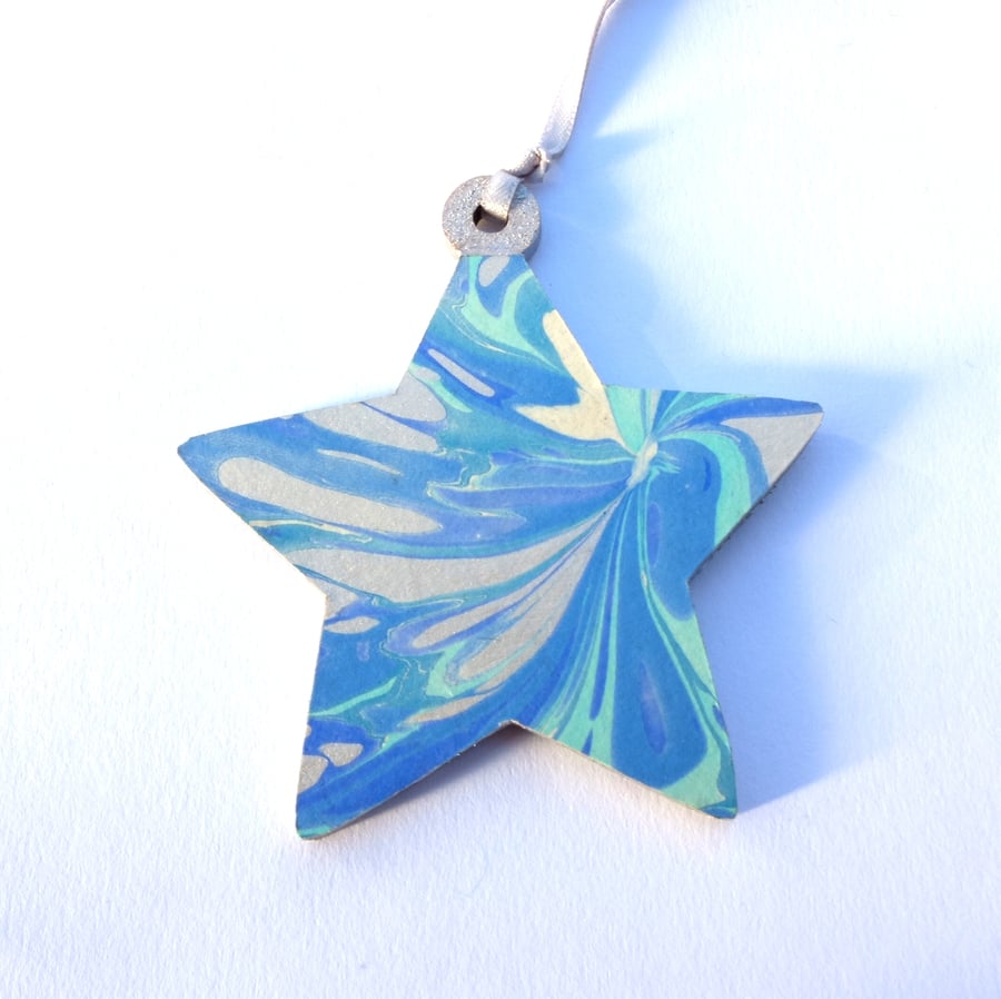 Hand marbled paper Christmas star hanging decoration