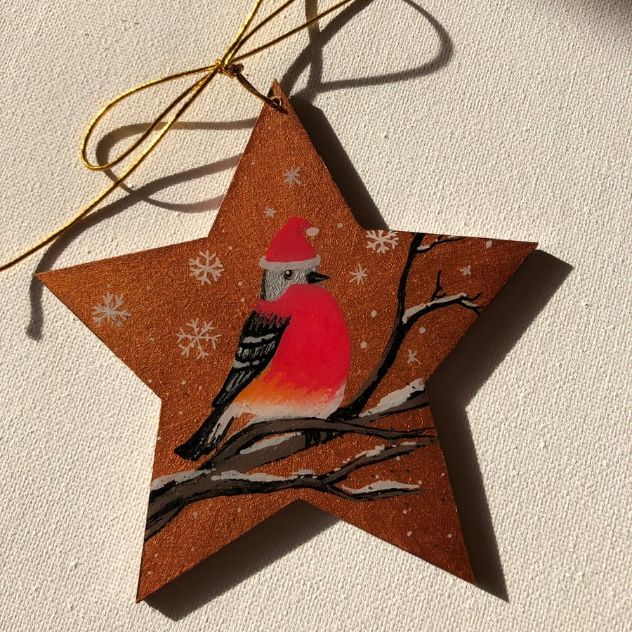 Christmas decoration, star, ornament, robin with a hat on,  125mm