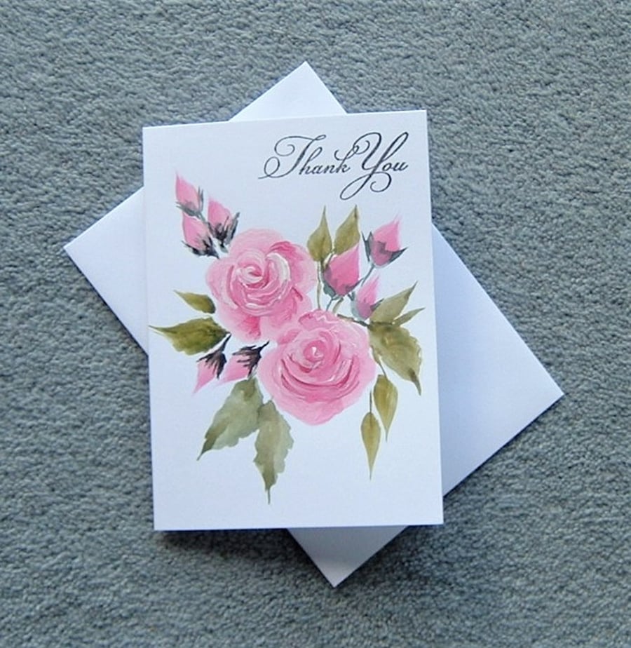 original art hand painted pink roses greetings card ( ref F 177 )