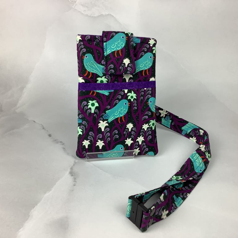 Birds neck bag, Floral phone cover, Travel case, Detachable lanyard, Handmade