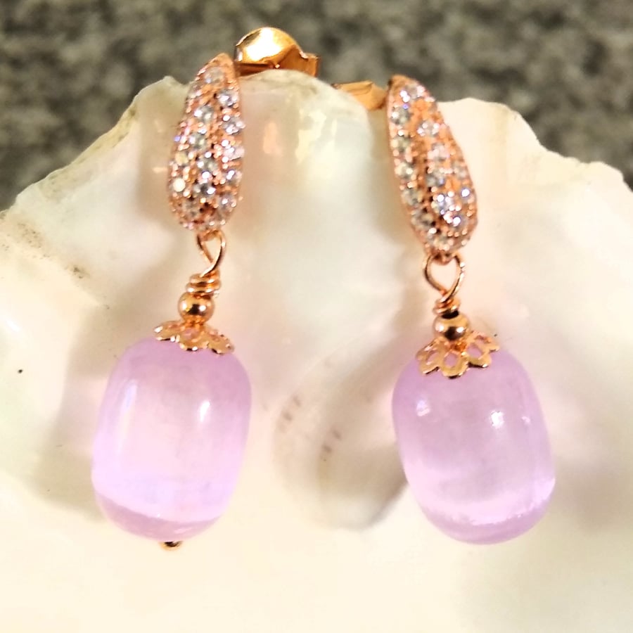 Lavender Selenite Rosegold Drop Stud Earrings
