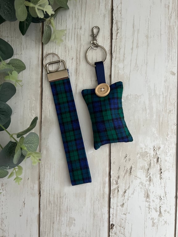 GIFT SET: Lavender Filled Key Ring & Wristlet Fob, Blue and Green Tartan, Gifts 
