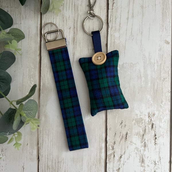GIFT SET: Lavender Filled Key Ring & Wristlet Fob, Blue and Green Tartan, Gifts 