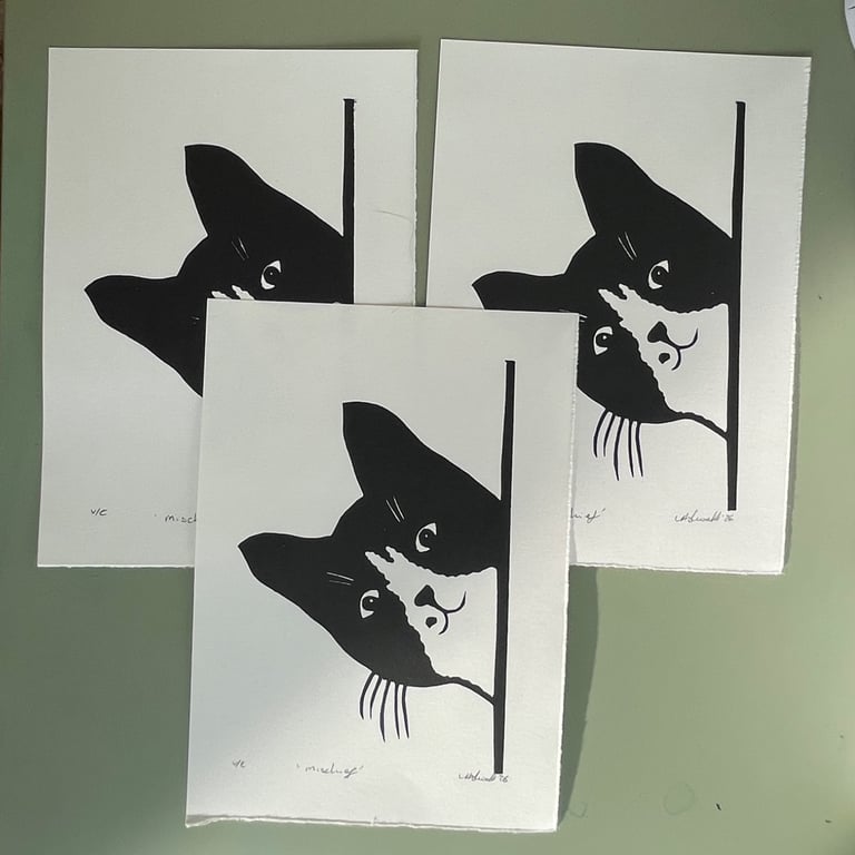 Mischief Black and White Cat Lino Print