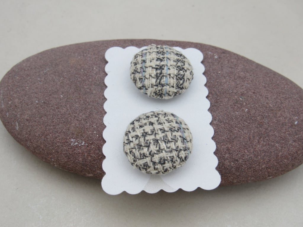 2 Small Handmade Grey Tweed Fabric Buttons