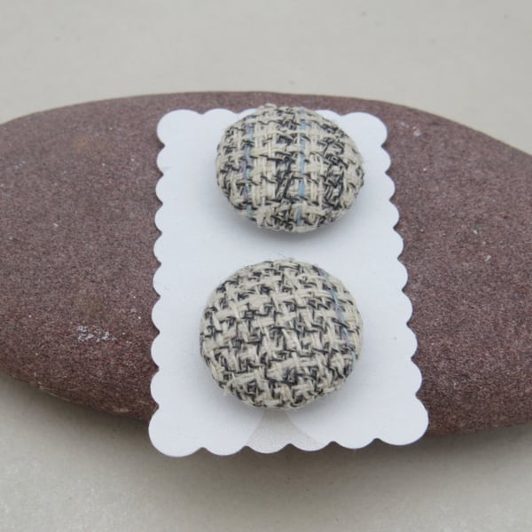 2 Small Handmade Grey Tweed Fabric Buttons