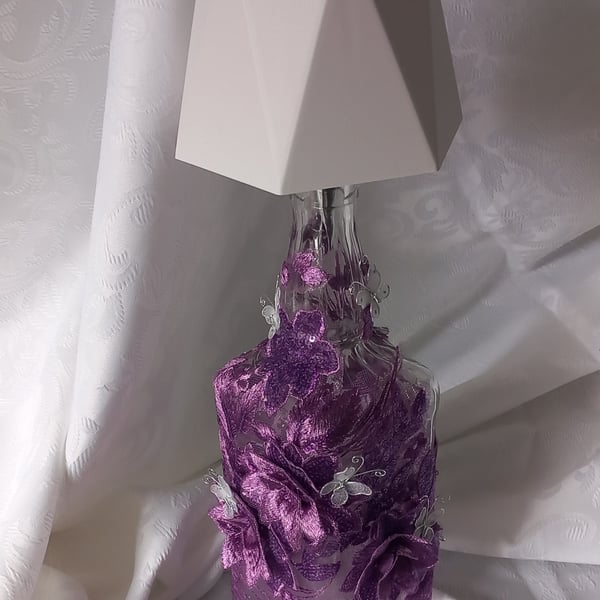 UNIQUE BOTTLE LAMP WITH TOUCH CONTROL. PURPLE EMBROIDERY AND 3D BUTTERFLIES