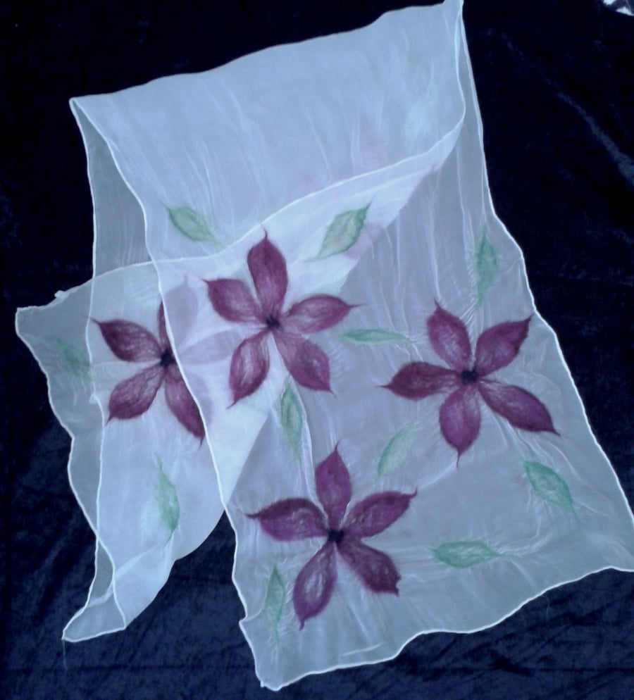 Silk chiffon scarf, nuno felted, cream with dark red flower detail