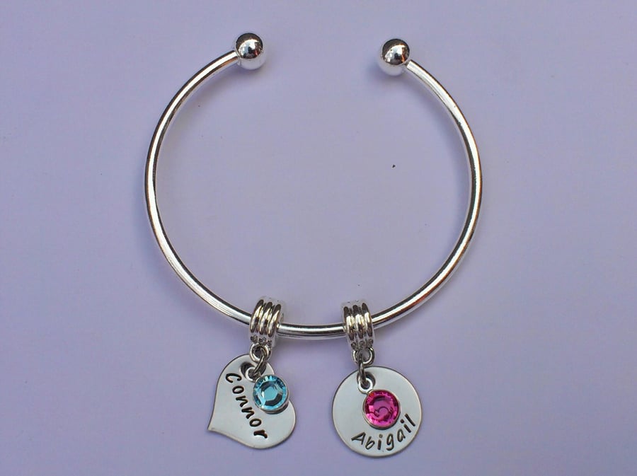 Hand Stamped personalised cuff charm bracelet bangle