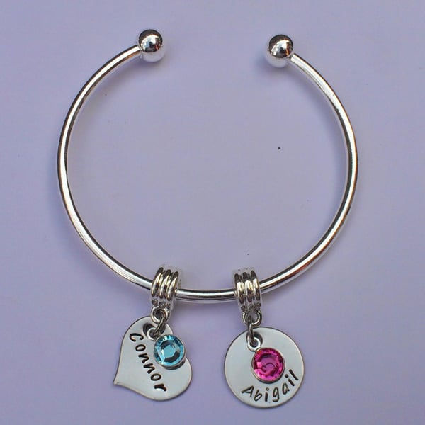 Hand Stamped personalised cuff charm bracelet bangle