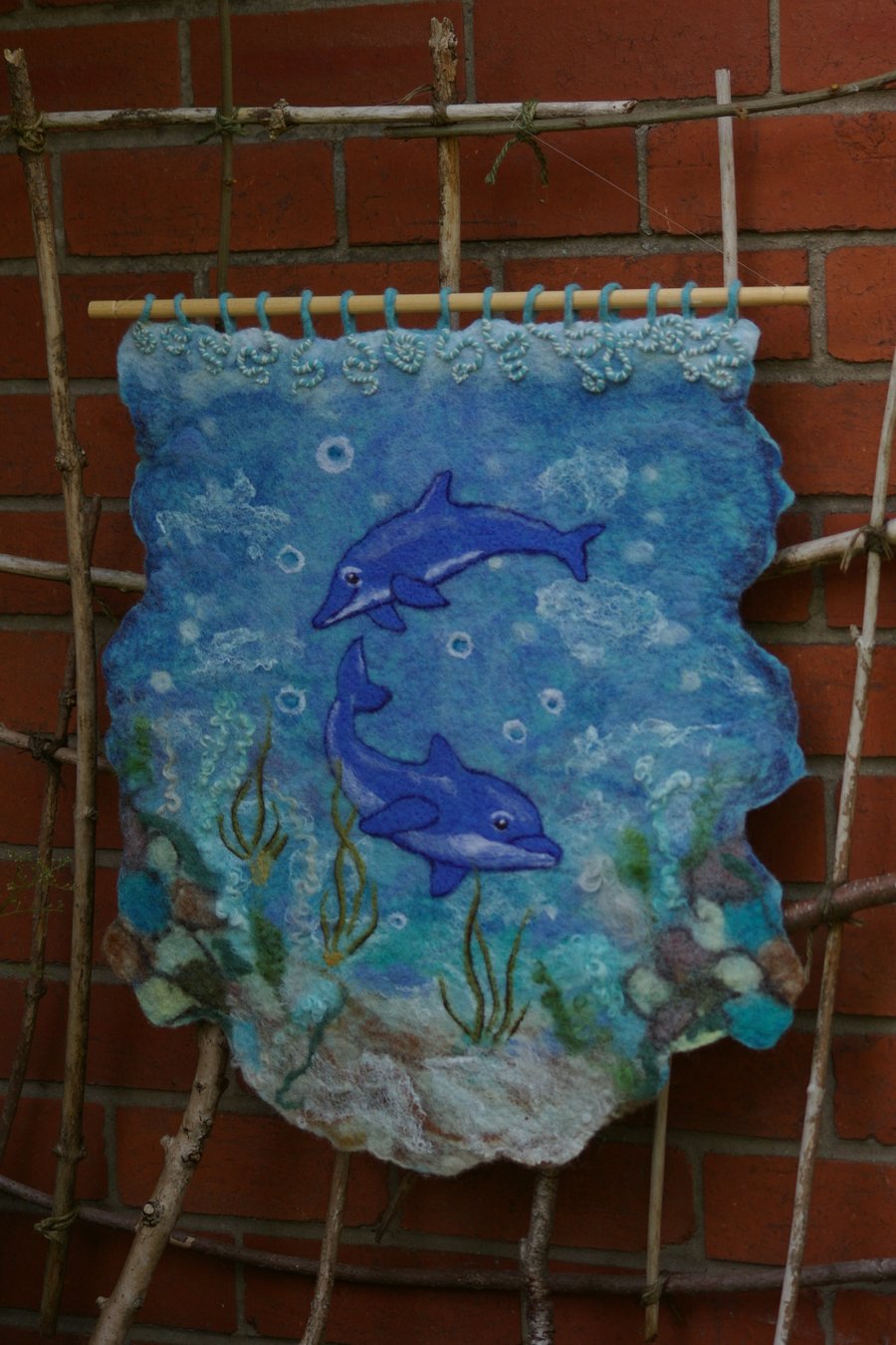 Handmade Felt Wool Wall Panel with Dolphins