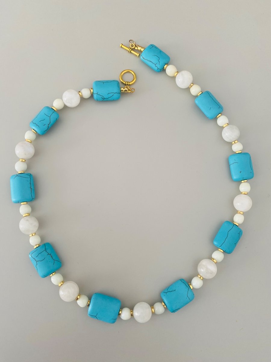 Handmade Blue & White Stone Beaded Necklace