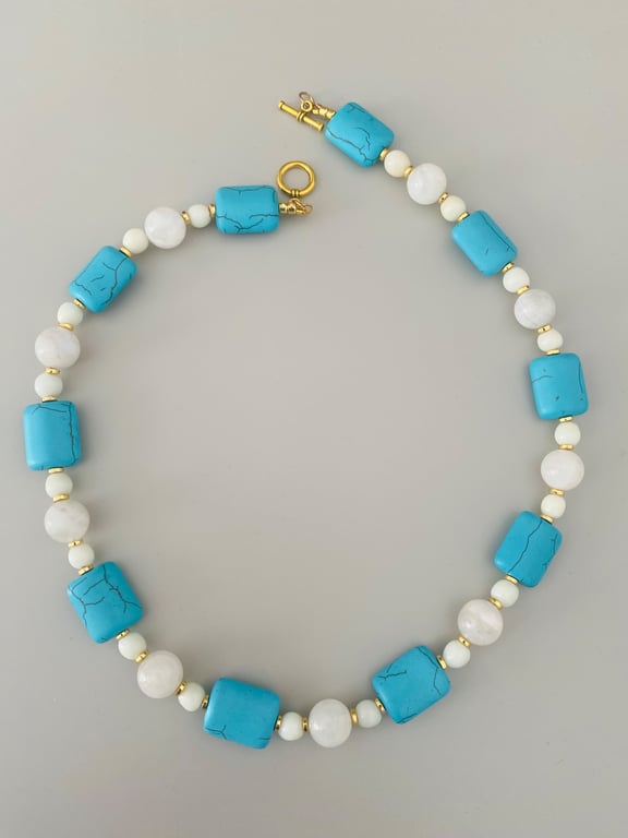 Handmade Blue & White Stone Beaded Necklace