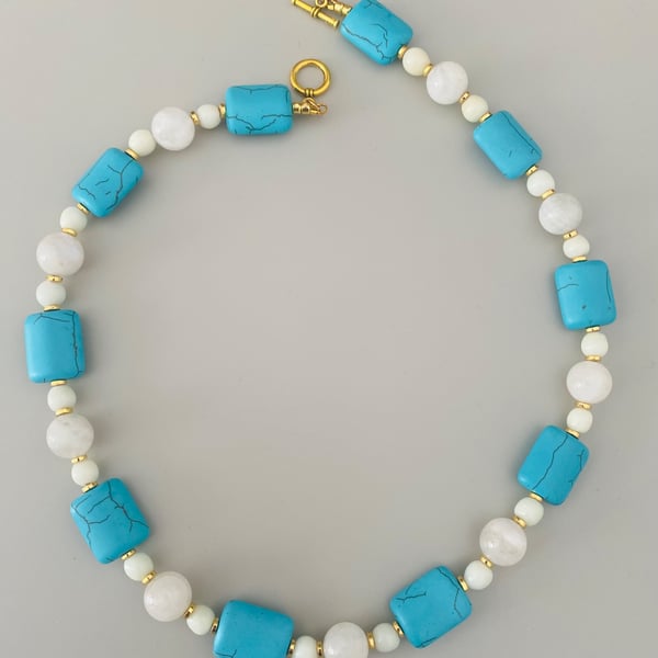 Handmade Blue & White Stone Beaded Necklace