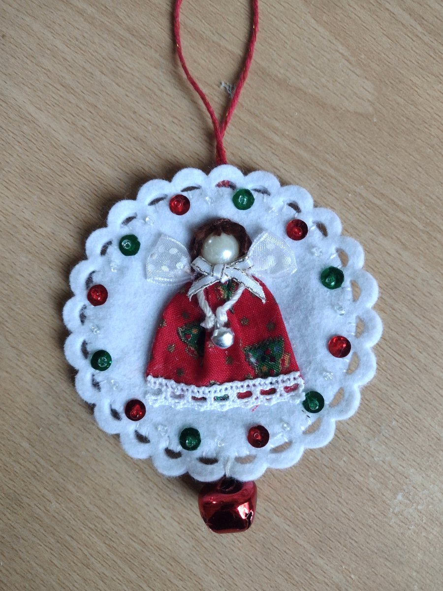 Felt Angel Tree Ornament - Jingle Bell - Hand-stitched - Tree Decoration