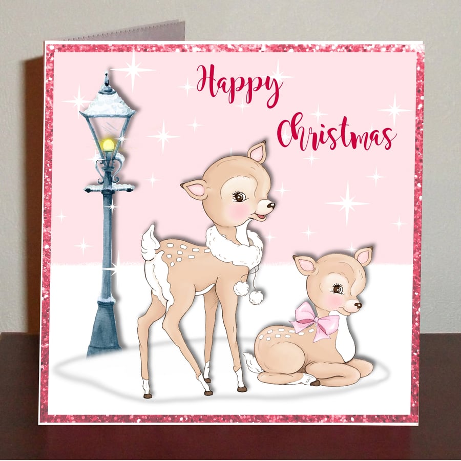 Set of 4 Bambi Christmas cards in pink