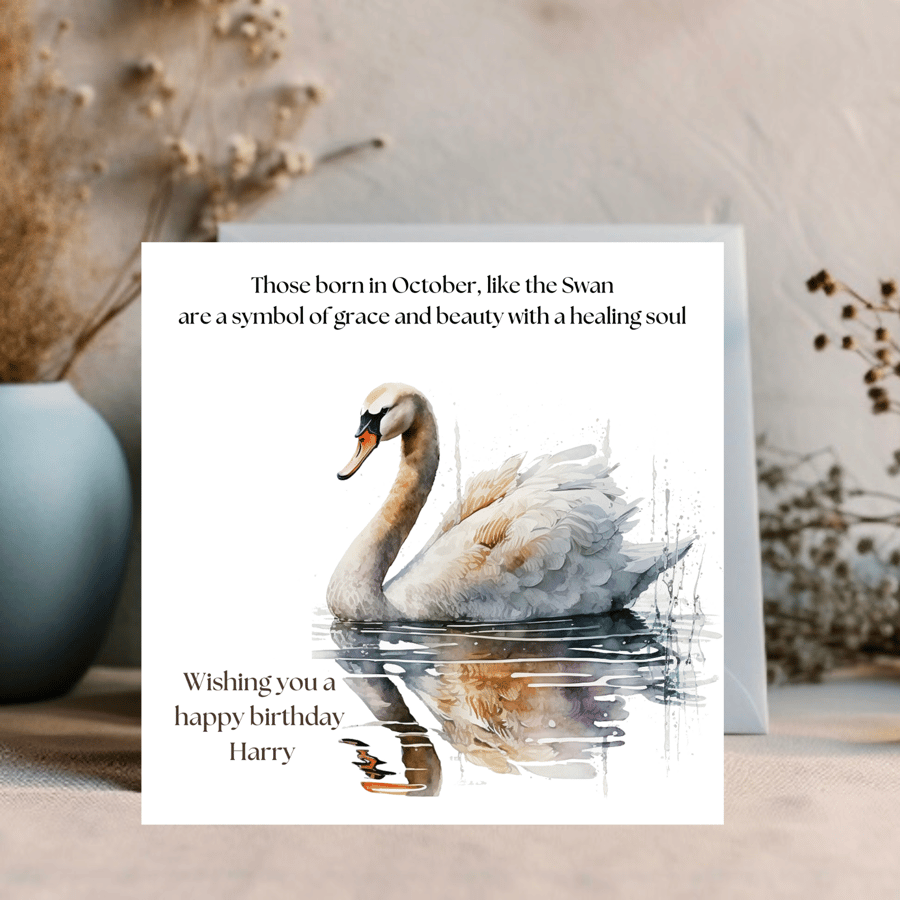 Swan Watercolour printed greetings card for an October Birthday