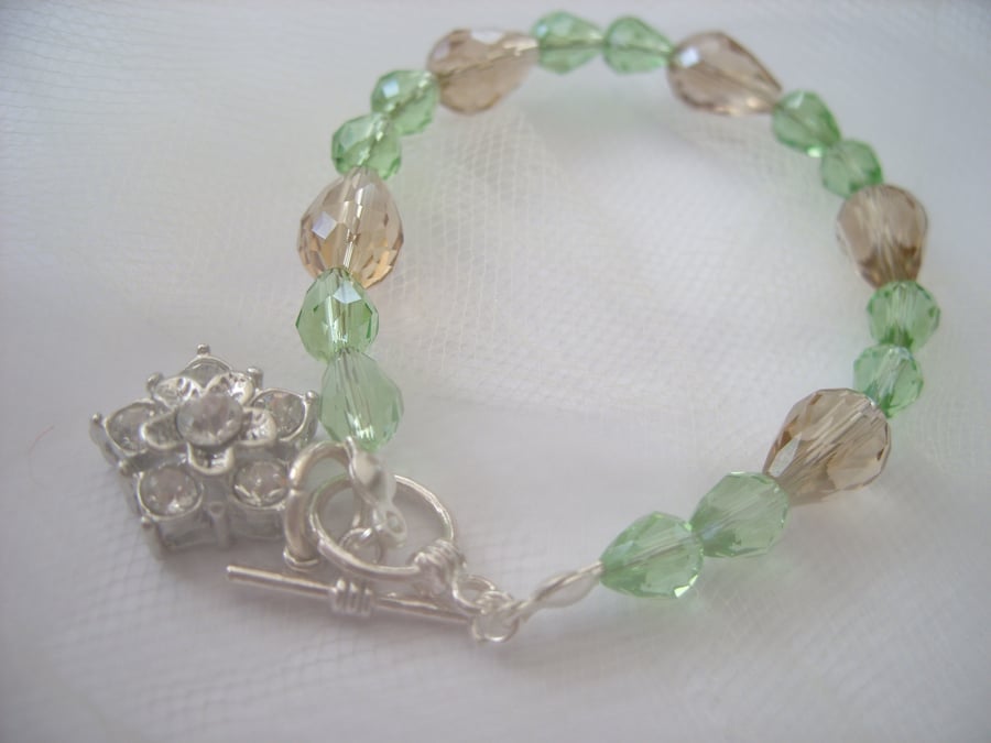 SALE Glass Crystal Bracelet Champagne & Green 