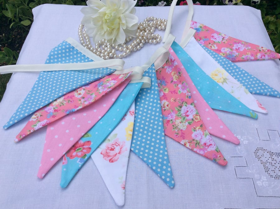 Pink and blue Bunting - 12 flags, spots, floral and patterns 2.4m with ties