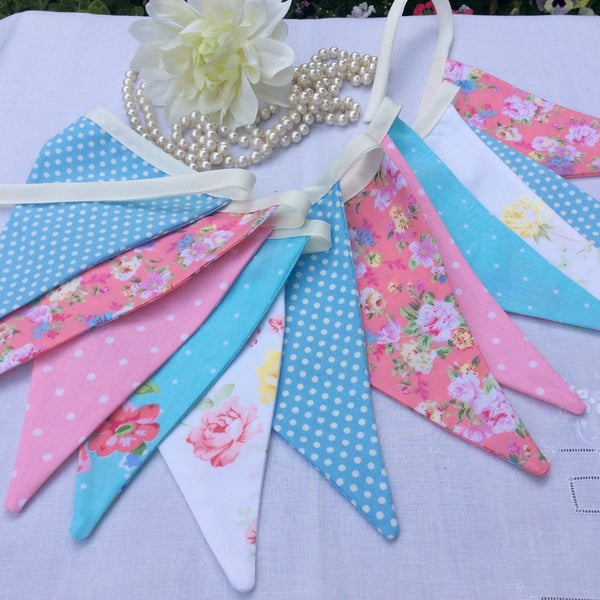Pink and blue Bunting - 12 flags, spots, floral and patterns 2.4m with ties