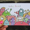 A6 “Hello, friend” Postcard with monsters in rainbow colours