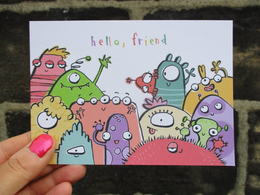 A6 “Hello, friend” Postcard with monsters in rainbow colours