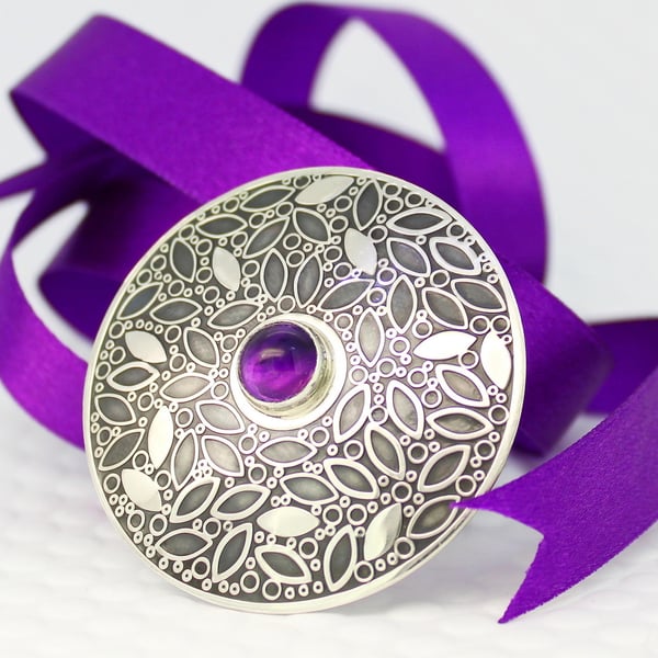 Leaf Pattern Brooch, Handmade Sterling Silver Brooch, Amethyst Gemstone, Purple 