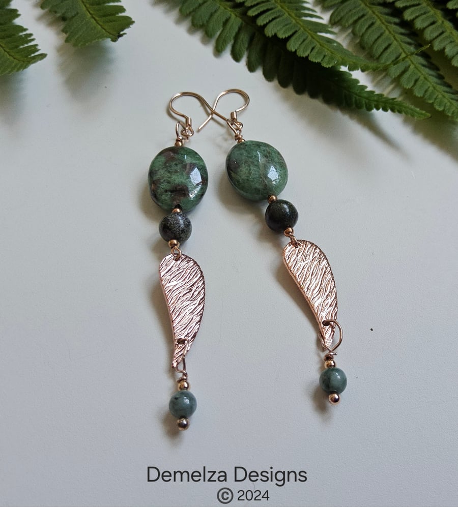 Designer Fancy Forest Green Jasper  Jadeite l Rose Gold Vermeil Earrings