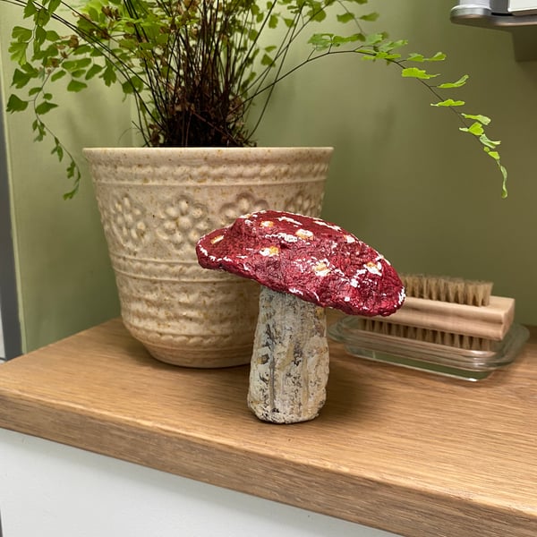 Rustic Paper Mache Toadstool Ornament: Fly Agaric Handmade Recycled Sculpture