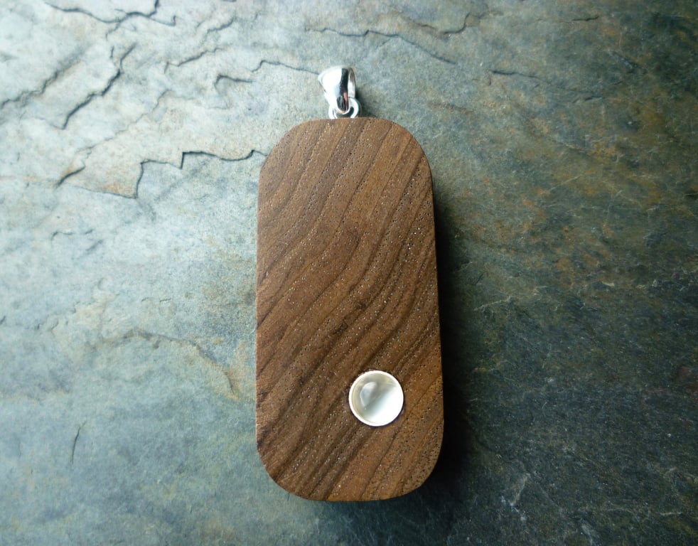 Moonstone and Wood Pendant, walnut silver