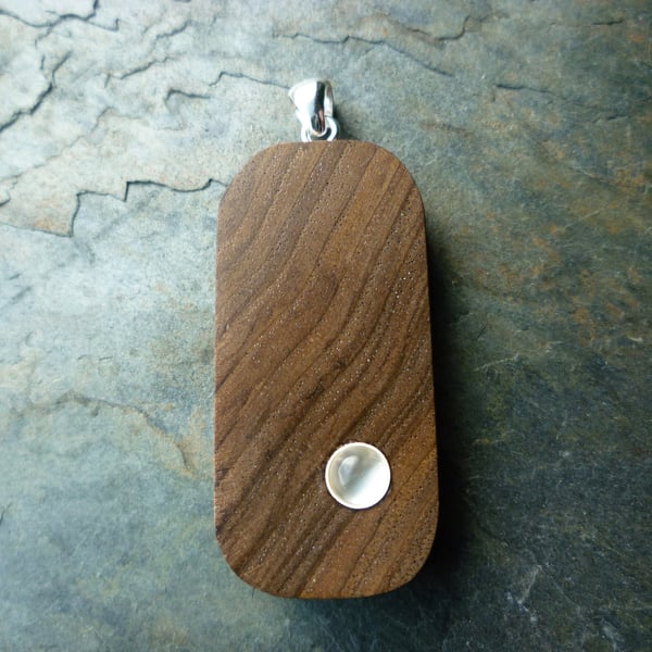 Moonstone and Wood Pendant, walnut silver